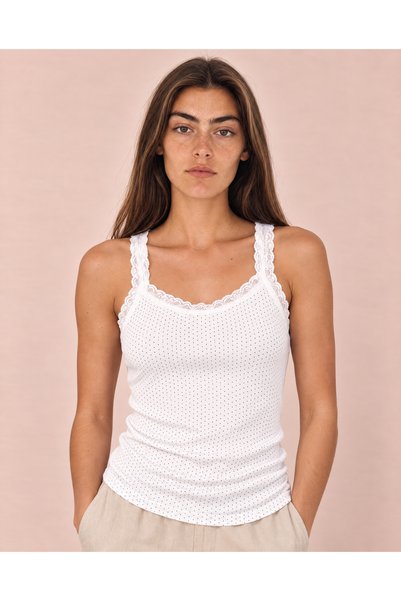 TOP CLOTHE توب نسائي أبيض منقط بدانتيل، بلوزة كت بدون أكمام بحمالات دانتيل وياقة مستديرة، توب كاجوال بقصة سليم فيت