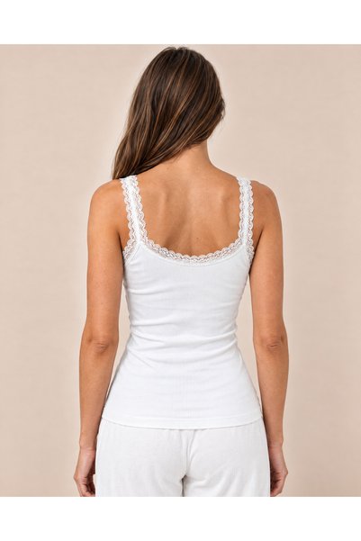 TOP CLOTHE توب نسائي دانتيل بحمالات عريضة وأزرار أمامية، بلوزة كت دانتيل بدون أكمام بقماش مضلع وقصة سليم فيت – بيج وأسود وأبيض
