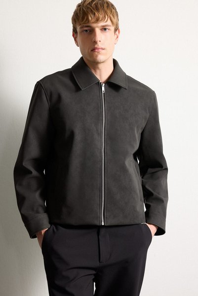 DeFacto Regular Fit Shirt Collar Zippered Faux Leather Jacket I8457Ax26Wn