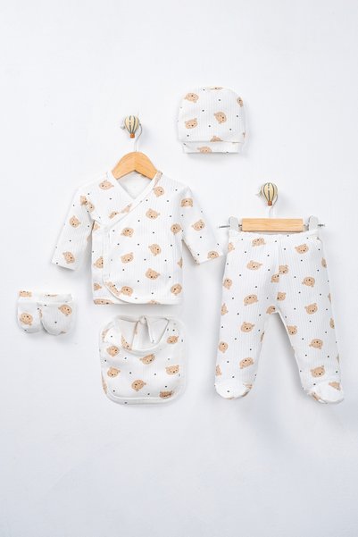 FURYATEX Cute Teddy Bear Print 5-Piece Baby Hospital Discharge Set, 100% Cott...