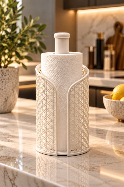 NATUREL DEKOR Cane Hazeran-Style White Roll Paper Towel Holder and Napkin Sta...