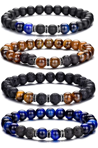 KASTWAVE Men's 4-Piece Beaded Bracelet Set, 8mm Tiger Eye & Lava Stone Natura...