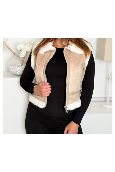Generic Brand Vestă îmblănită tip cojoc cu fermoar și buzunare