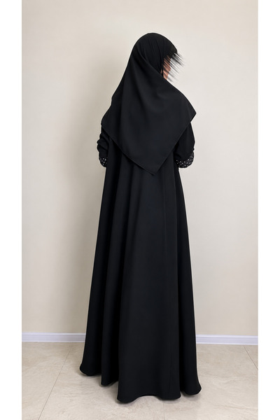 TAJ ALHASHMA Luxurious Abaya Made from Crepe Ferrari Fabric, Featuring a Half-Cloak Design and a Matching Headscarf.