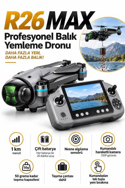ATLT ATLANTİS R26 MAX PROFESYONEL BALIK YEMLEME DRONE 50 GRAM TAŞIMA KAPASİTELİ TEK TUŞLA YEM BIRAKMA GPS 1KM MEZİLİ 4.5 İNÇ EKRANLI KUMANDALI ÇİFT BATARYALI 360 DERECE ENGEL SESÖRLÜ ÖZEL ÇANTALI