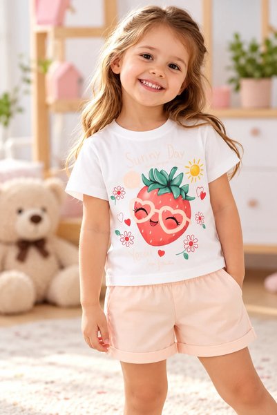 candar Strawberry-Printed Basic T-Shirt and Shorts Set for Kids. |   1-5 Year...