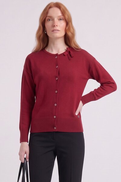Kayra Cardigan din tricot cu detaliu cu fundă, de culoare bordo