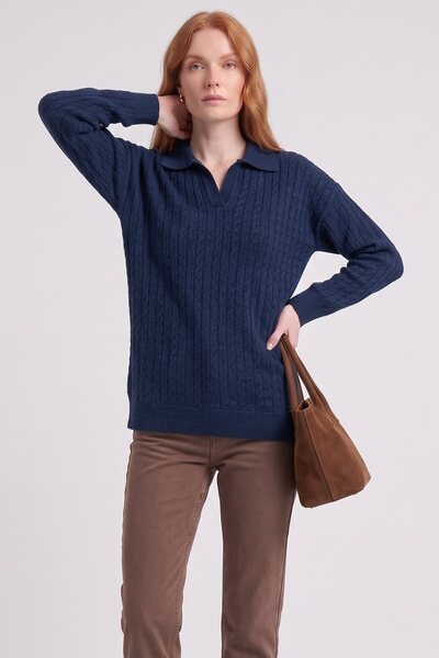 Kayra Pulover din tricot cu guler polo, albastru închis