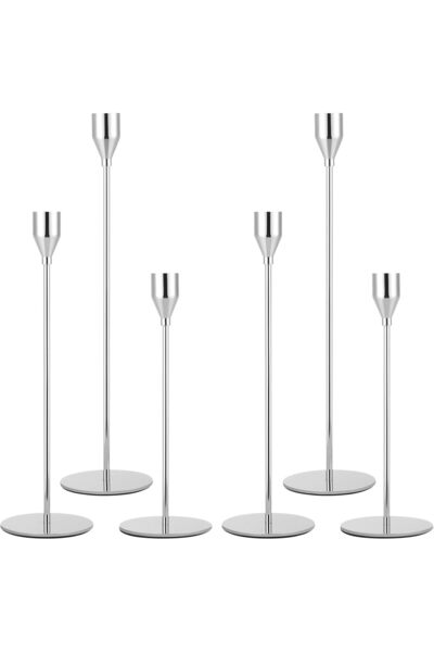 Generic Set of 6 Silver Taper Candle Holders - Modern Candlestick Set in 3 He...