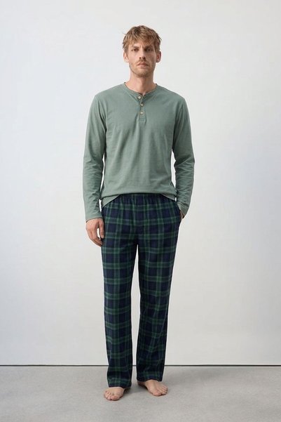 C&City Cotton Half-Button Plaid Men's Pajama Set, Green.