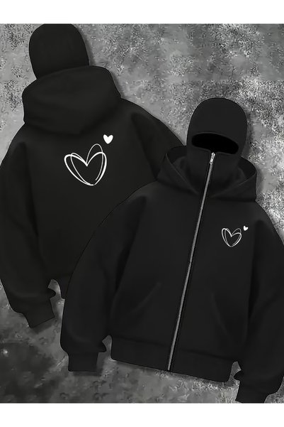 Kadın Çizgi Ön ve Arka Baskılı Siyah Oversize Kapüşonlu Sweatshirt Hoodie Şardonlu