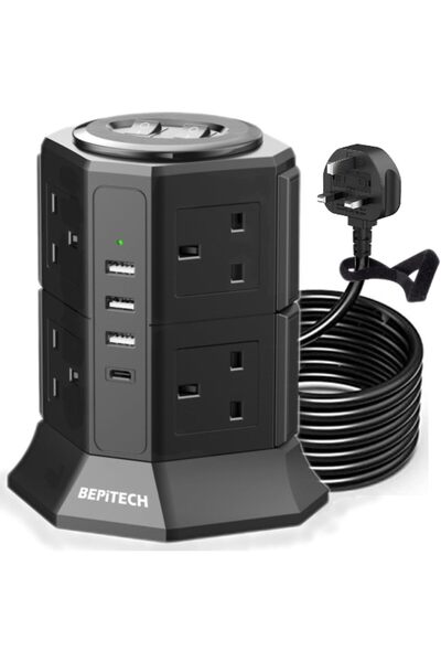 BEPITECH 12-in-1 Power Tower Extension Cord with 20W PD USB-C & 3 USB-A Charg...