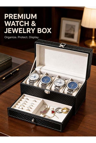 PLUSOX 4-Slot Watch Box Organizer with Jewelry Drawer, Double Layer PU Leathe...