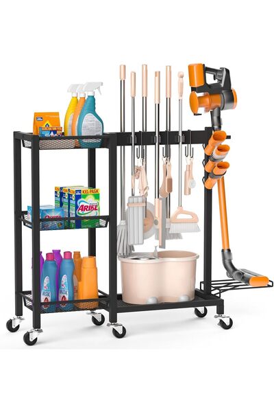 XICEN Broom Holder with Cleaning Supplies Organizer, Broom Closet Storage Cab...