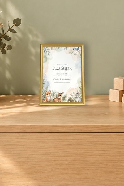 Generic Brand Tablou Personalizat Botez Băiat cu Ramă – Animale din Pădure, N...