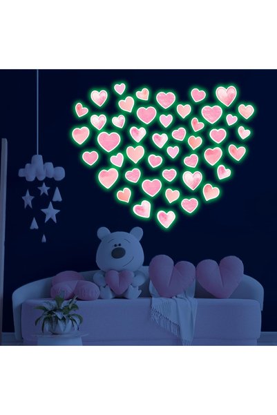 Robmoda 42 pcs Pink Heart Shape Wall Stickers for Girls Bedroom，Glow in The D...