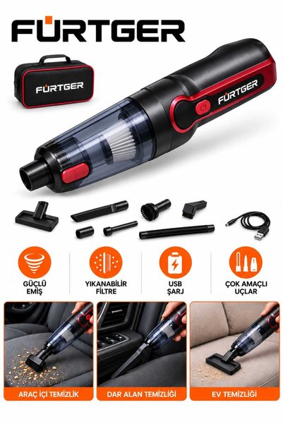 Fürtger Yüksek Emiş Güçlü 350W 22.000Pa Araç içi ve Ev İçin Dikey Süpürge Yatay Geniş Hazneli