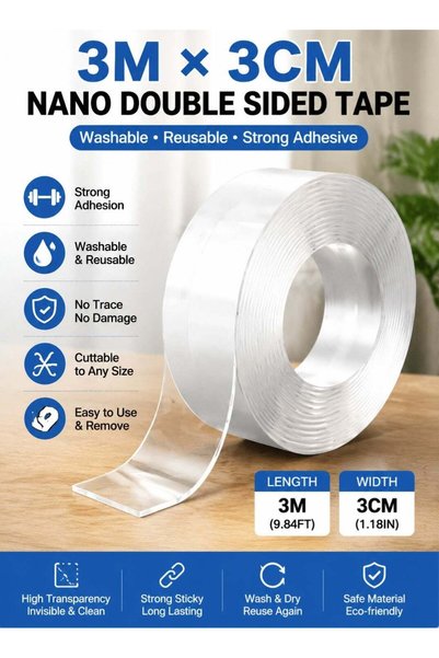 Joybos 3M x 3CM Reusable Nano Double Sided Tape | Strong Washable Transparent...