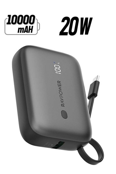 RavPower شاحن محمول بسعة 10000 مللي أمبير، مع كابل USB-C مدمج، وشحن سريع بقدر...
