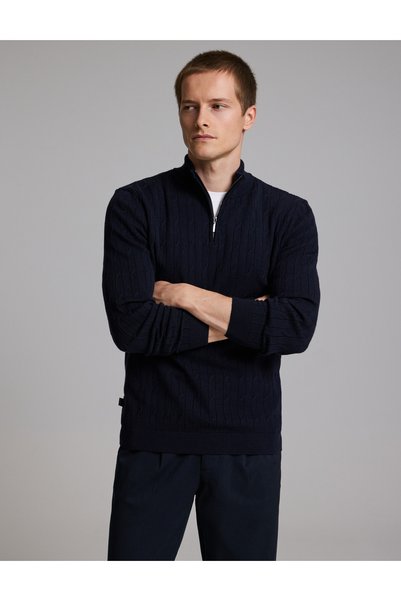 Pierre Cardin Lacivert Regular Fit Fermuarlı Dik Yaka Triko Kazak 50330172-VR033