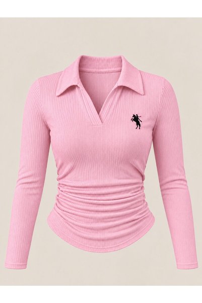 Gofeel Embroidered Polo Collar Ribbed Stretch Long Sleeve Blouse