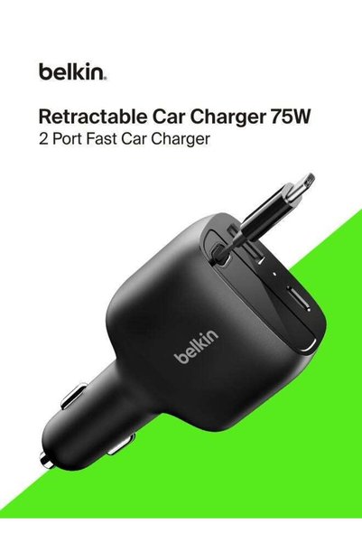 Belkin شاحن سيارة USB C بقوة 75 واط مع كابل USB C قابل للسحب بطول 30 بوصة - ش...