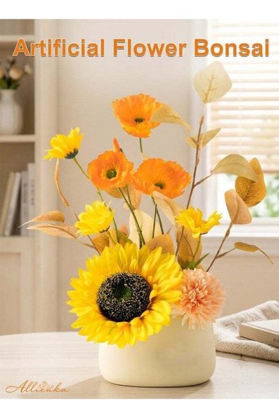 Generic Artificial Flower Arrangement in Vase, Faux Roses, Small Chrysanthemu...
