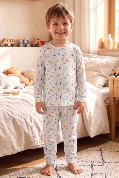 Öts Boys' Single-Piece Cotton Pajamas, Long Sleeves, Long Pants, Patterned, B...