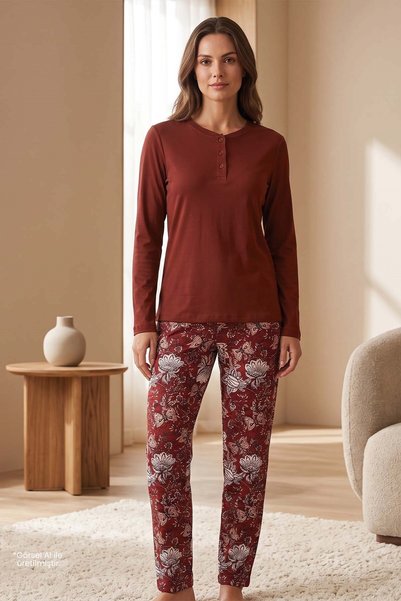 Jiber Set de pijamale pentru femei, de culoare vișinie, cu mâneci lungi