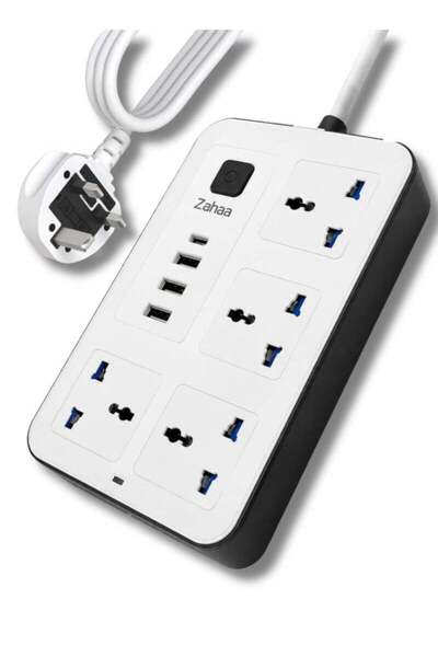 Zahaa سلك تمديد كهربائي متعدد الاستخدامات مزود بـ 4 مقابس طاقة و3 منافذ USB، ...