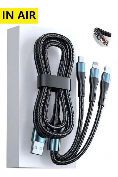 In Air كابل شحن USB سريع 3 في 1 - شاحن فائق السرعة بقوة 120 واط، أسلاك شحن عا...