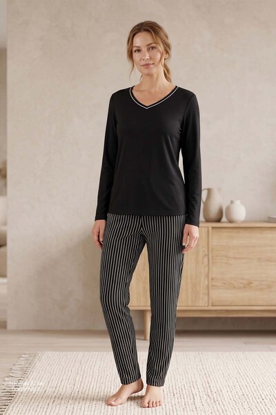 Jiber Set de pijamale negre cu mâneci lungi pentru femei