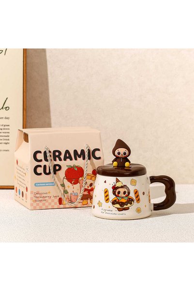Generic Brand كوب سيراميك بتصميم كرتوني مع غطاء للماء، هدية منزلية