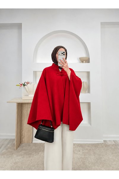 Hepsi Moda High-Neck Poncho with Chinese Button Detail - 6199 - Red (Ös)