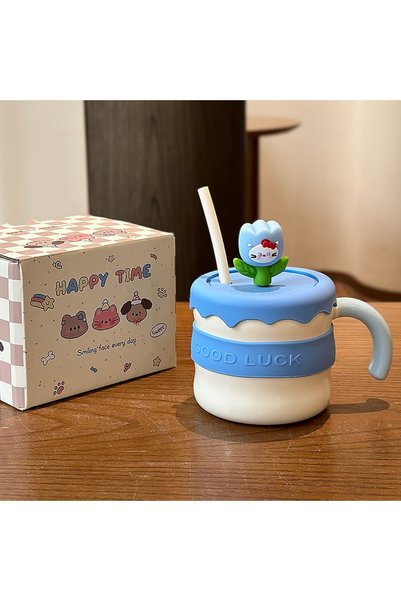 Generic Brand Ceramic Flower Cat Straw Mug with Lid and Spoon Gift Box