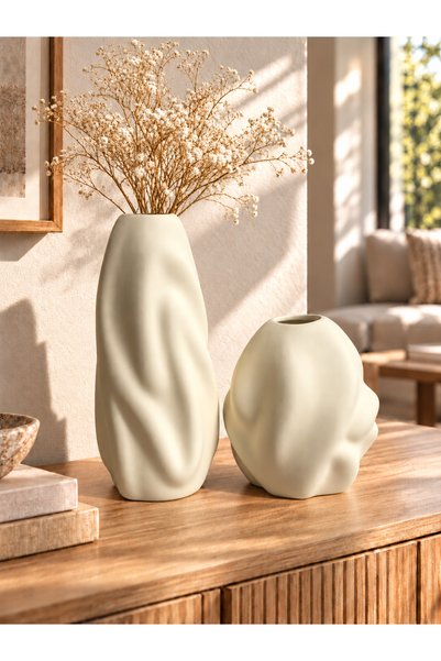 ŞURA MUTFAK Set de 2 vaze din ceramică cu model de valuri Set de 2 vaze din c...