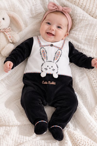 Babyhola 100% Cotton Baby Romper with Rabbit Embroidery and Booties 12572
