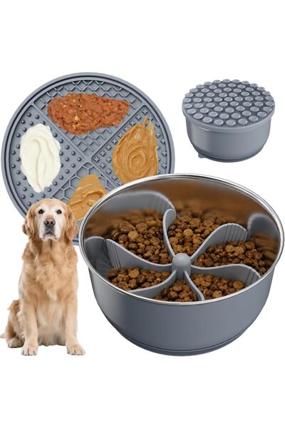 GENERAL 3-in-1 Stainless Steel Slow Feeder Dog Bowl, Anti-Gulp Metal Bowl, Gray