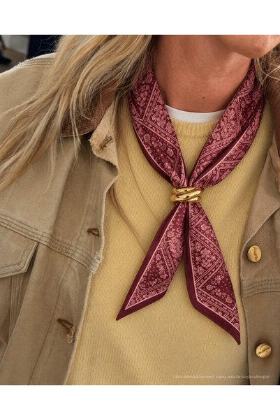 Markiz Takı Burgundy Color Thin Scarf with Gold Buckle
