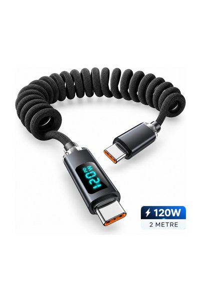 Lunatic 6460 Type C Hızlı Telefon Şarj Veri Kablosu 120W Type C Yaylı Spiral Dijital Ekranlı 2 Metre