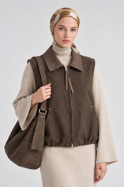 Levidor Knitted Collar Denim Vest Set with Bag, Dark Brown.