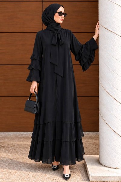 Neva Style Lima Black Hijab Abaya Set with Shawl and Layered Sleeves, Model 7...