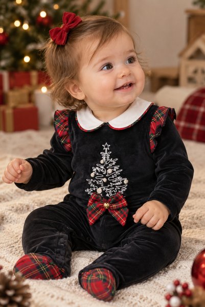 Babyhola Baby Girl Christmas Tree Embroidered Plaid Romper with Velvet Bootie...