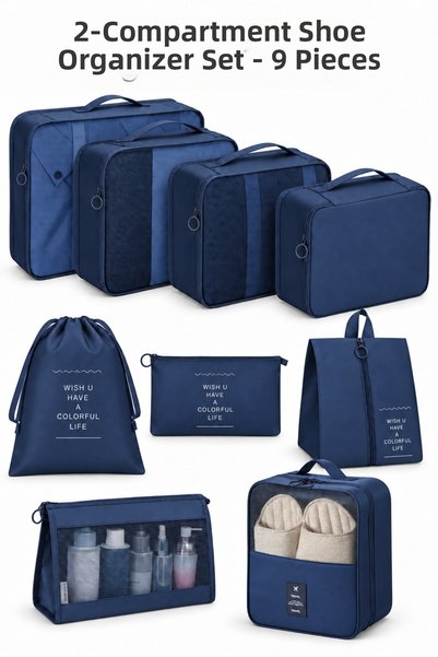 ONE KADO 9-Piece Luggage Organizer Set with 2-Compartment Shoe Bag, Navy Blue