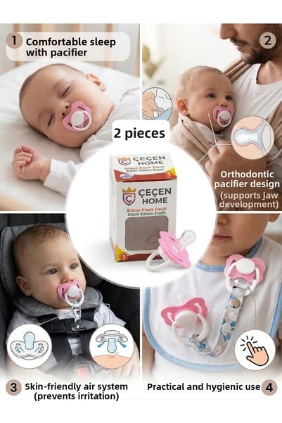 ÇEÇEN HOME 2 Silicone Classic Pacifiers, 0–6 Months, Pink—Palate-Free Design,...