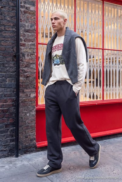 Trendyol Collection Anthracite Baggy Fit Thick Panda Fabric Sweatpants Tmnaw2...