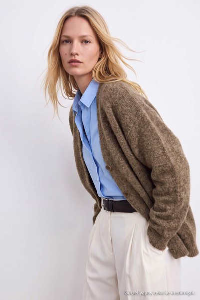 TRENDYOLMİLLA Wardrobe Essentials Vizon Alpaca Karışımlı Basic Triko Hırka TW...