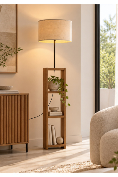 HOMİNG Dekoratif Ahşap Raflı Kitaplık Lambader Krem Kırçıllı Şapka Ayd-2559