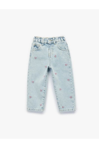 Koton Pamuklu Fiyonk Nakış Detaylı Mavi Kız Bebek Jean Pantolon 7WMG40001AD