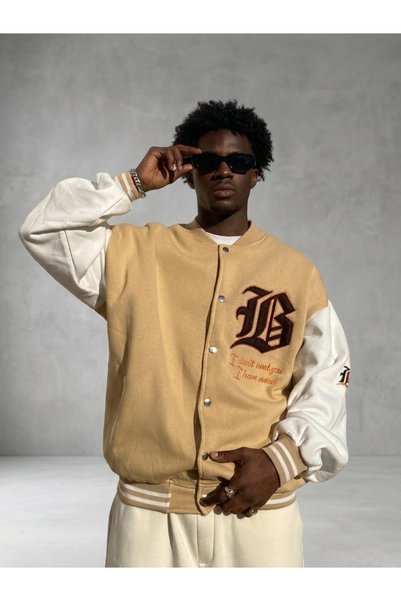 Barato Oversized Beige/Ecru Unisex 3-Thread Oversized College Jacket with Emb...